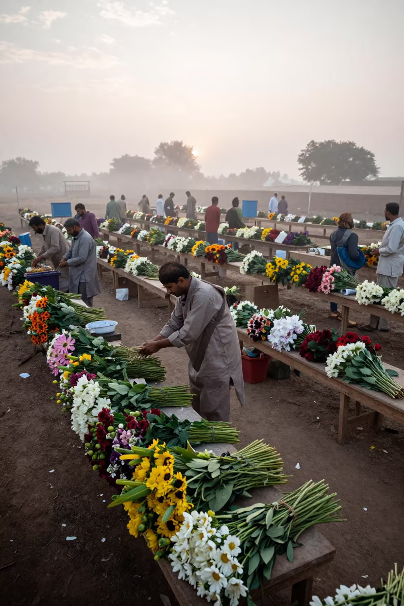 Dawn Light Over Flower Auction Benches in Mist in at a flower auction bench in Kot Addu