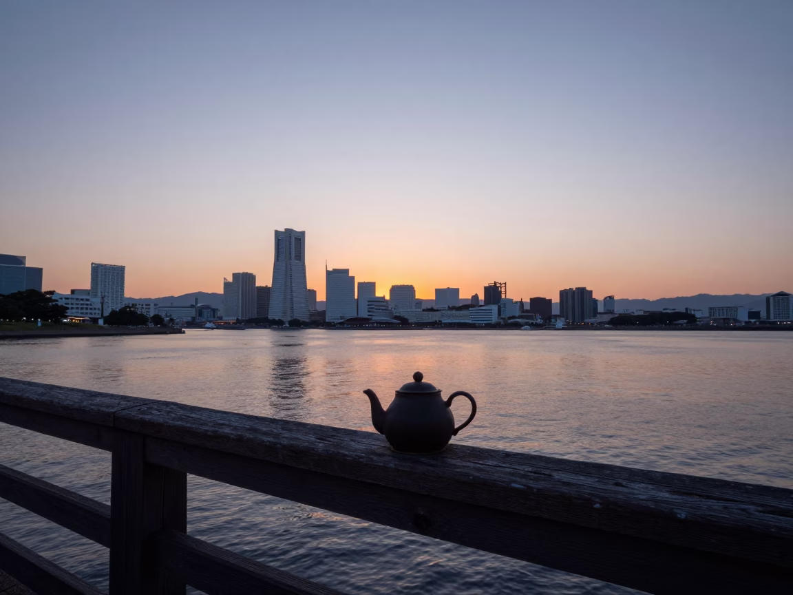 Dawn Light Over Fukuoka Bay Horizon with Vintage Teapot and Morning Routine in in Fukuoka, Japan