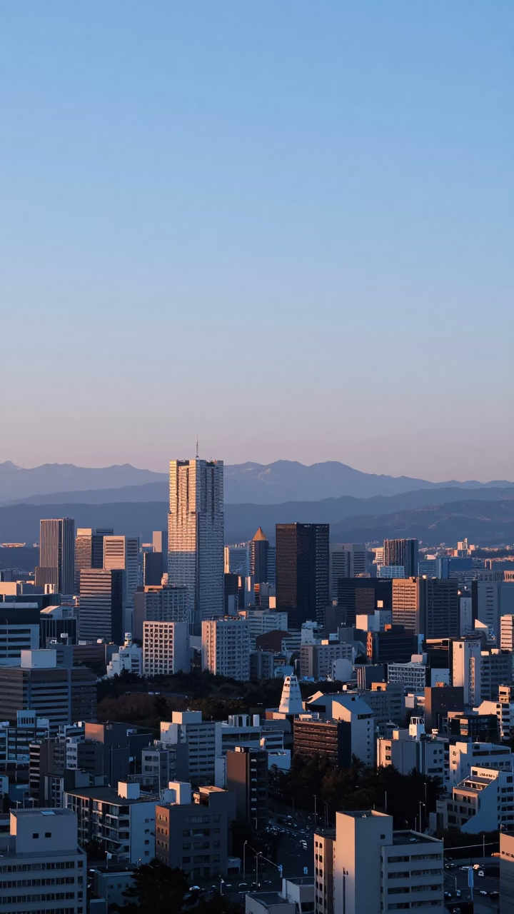 Dawn Light Over Fukuoka Urban Landscape and Distant Mountains in in Fukuoka, Japan