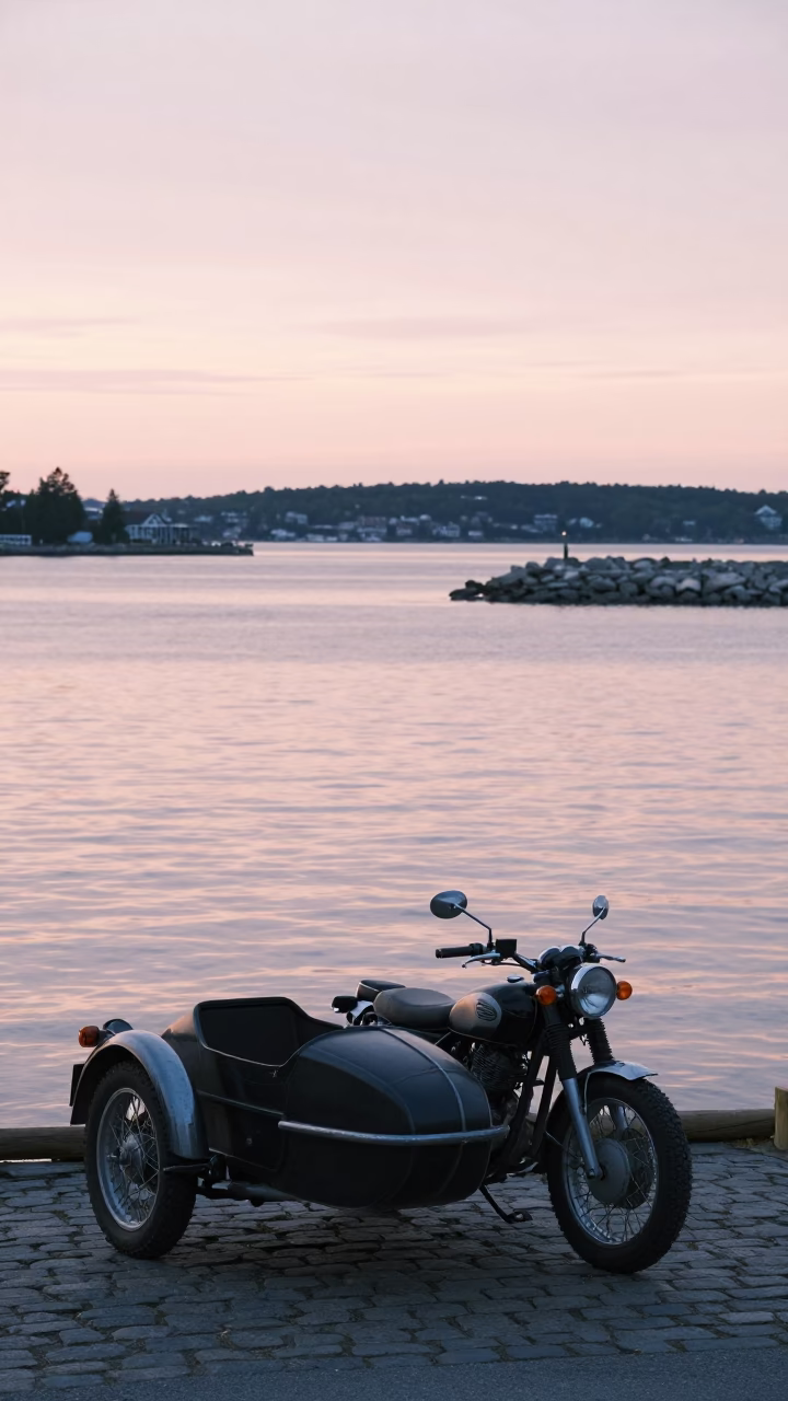 Dawn Light Over Halifax Waterfront with Vintage Motorcycle and Sidecar Parked Near Harbor in in Halifax, Nova Scotia, Canada