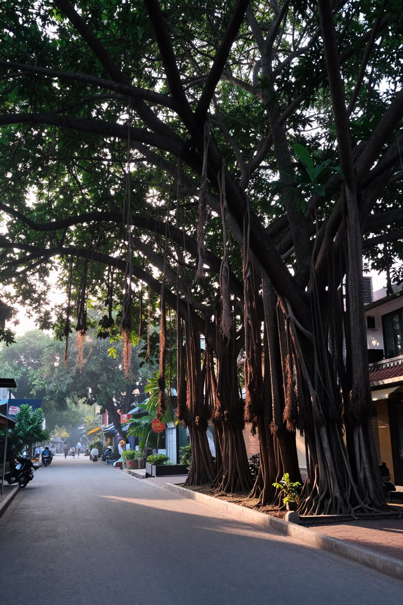 Dawn Light Over Hanoi Street with Banyan Grove and Persimmons in in Hanoi, Vietnam