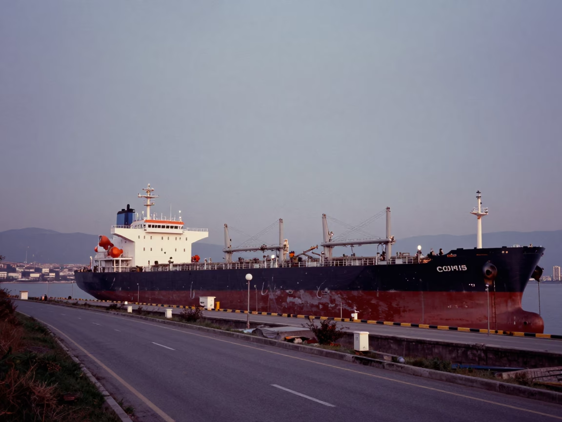 Dawn Light Over Izmir Harbor Tanker and Substation Road Puddles in in Izmir, Turkey