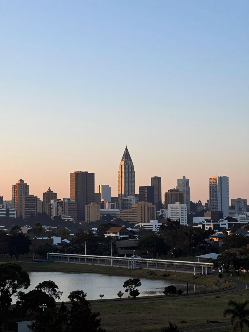 Dawn light over Johannesburg skyline with reservoir infrastructure and city streets in in Johannesburg, South Africa