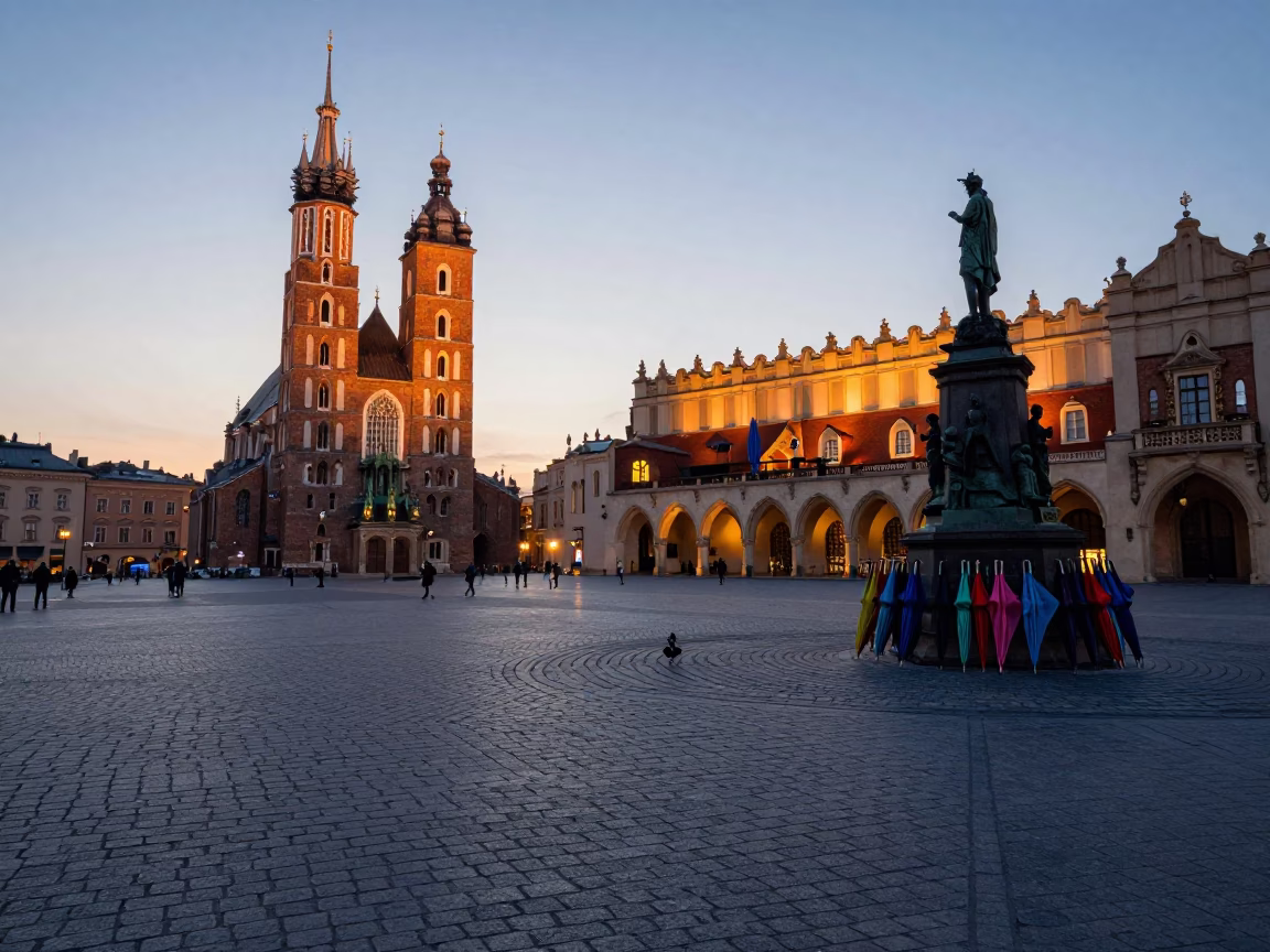 Dawn Light Over Krakow Old Town Square With Umbrellas and Cobblestone Streets in in Krakow, Poland