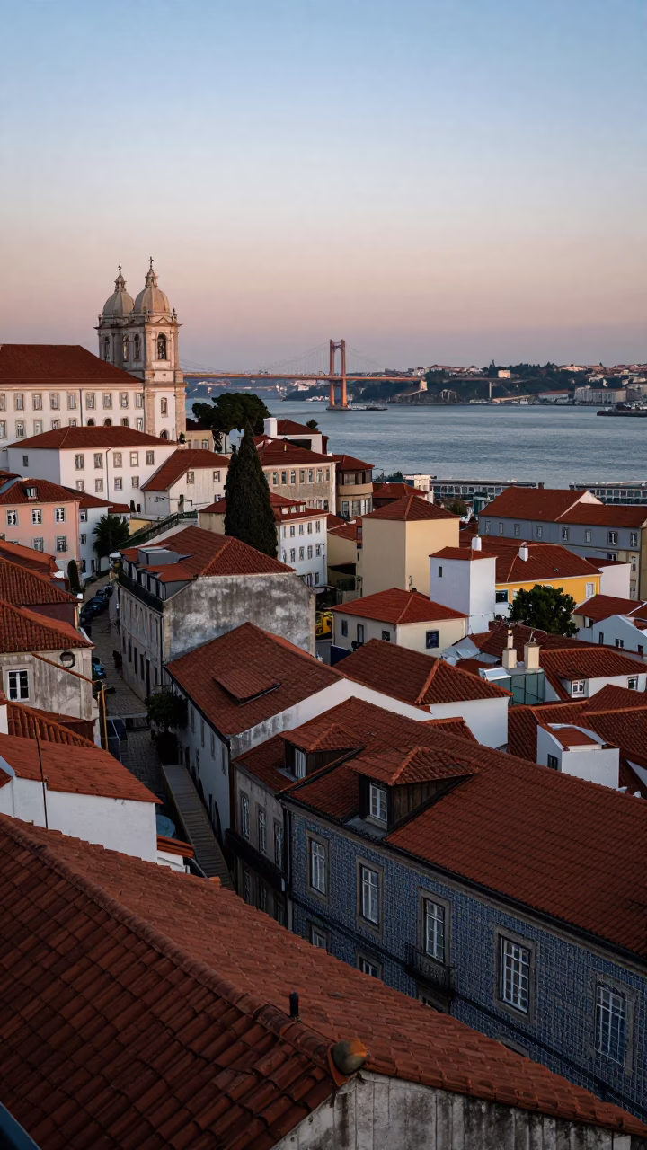 Dawn Light Over Lisbon Historic District and Tile-Faced Architecture in in Lisbon, Portugal