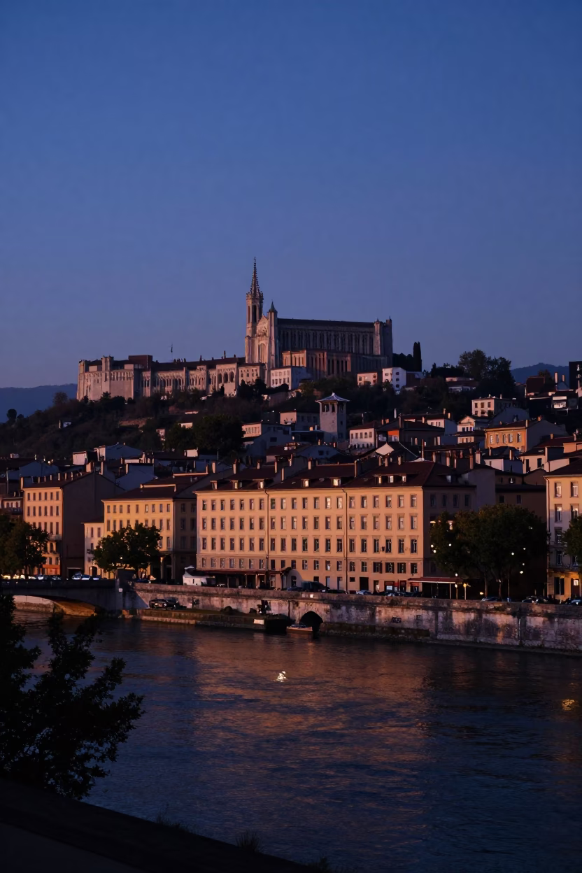 Dawn Light Over Lyon France River and Historic Architecture Before Sunrise in in Lyon, France