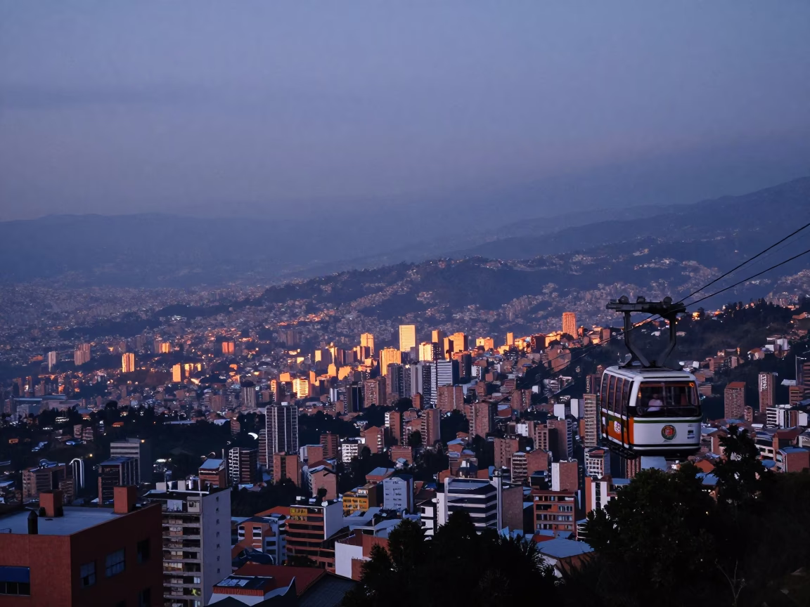Dawn Light Over Medellin Colombia Cityscape and Metro Cable Car in in Medellin, Colombia