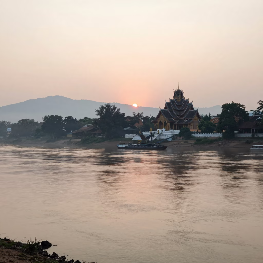 Dawn Light Over Mekong River and Royal Palace in Luang Prabang Laos in in Luang Prabang, Laos