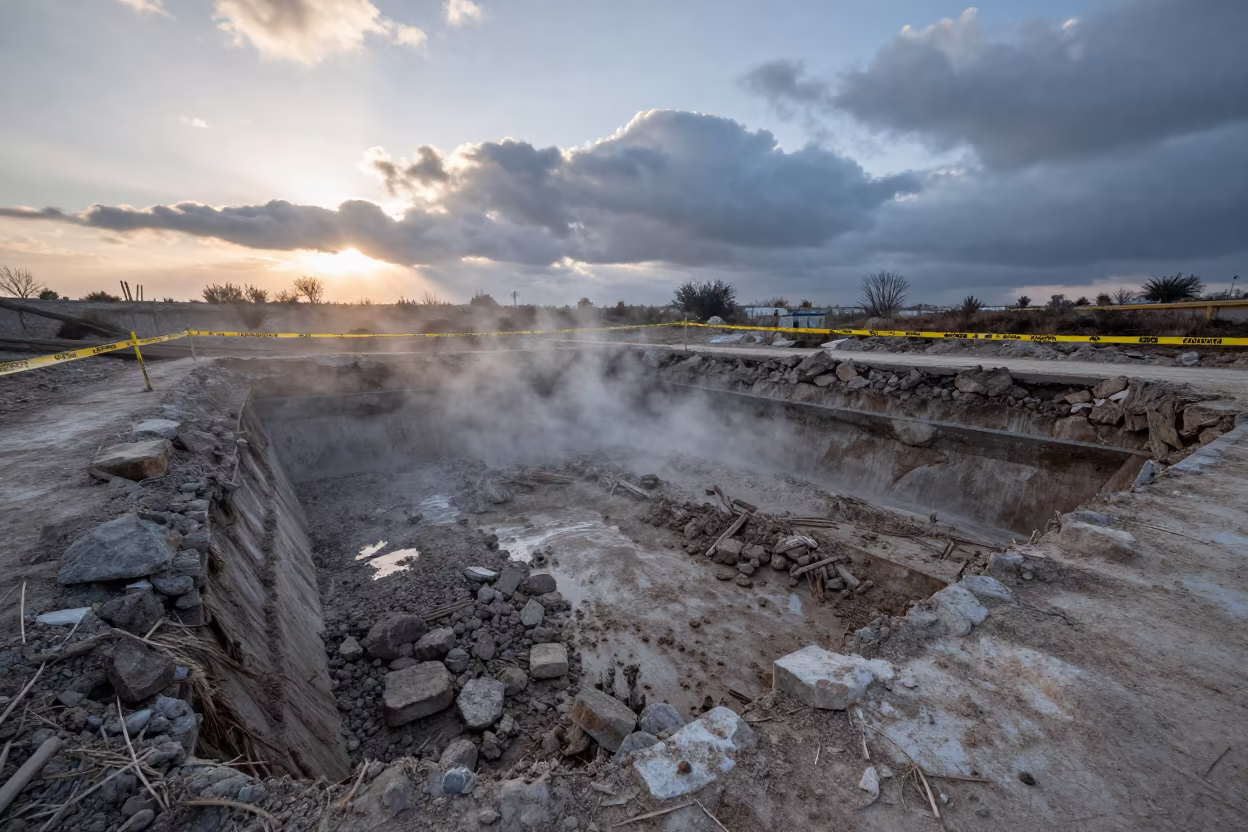 Dawn Light Over Mud Pit in Puglia Construction Site in inside a taped-off excavation edge in Puglia