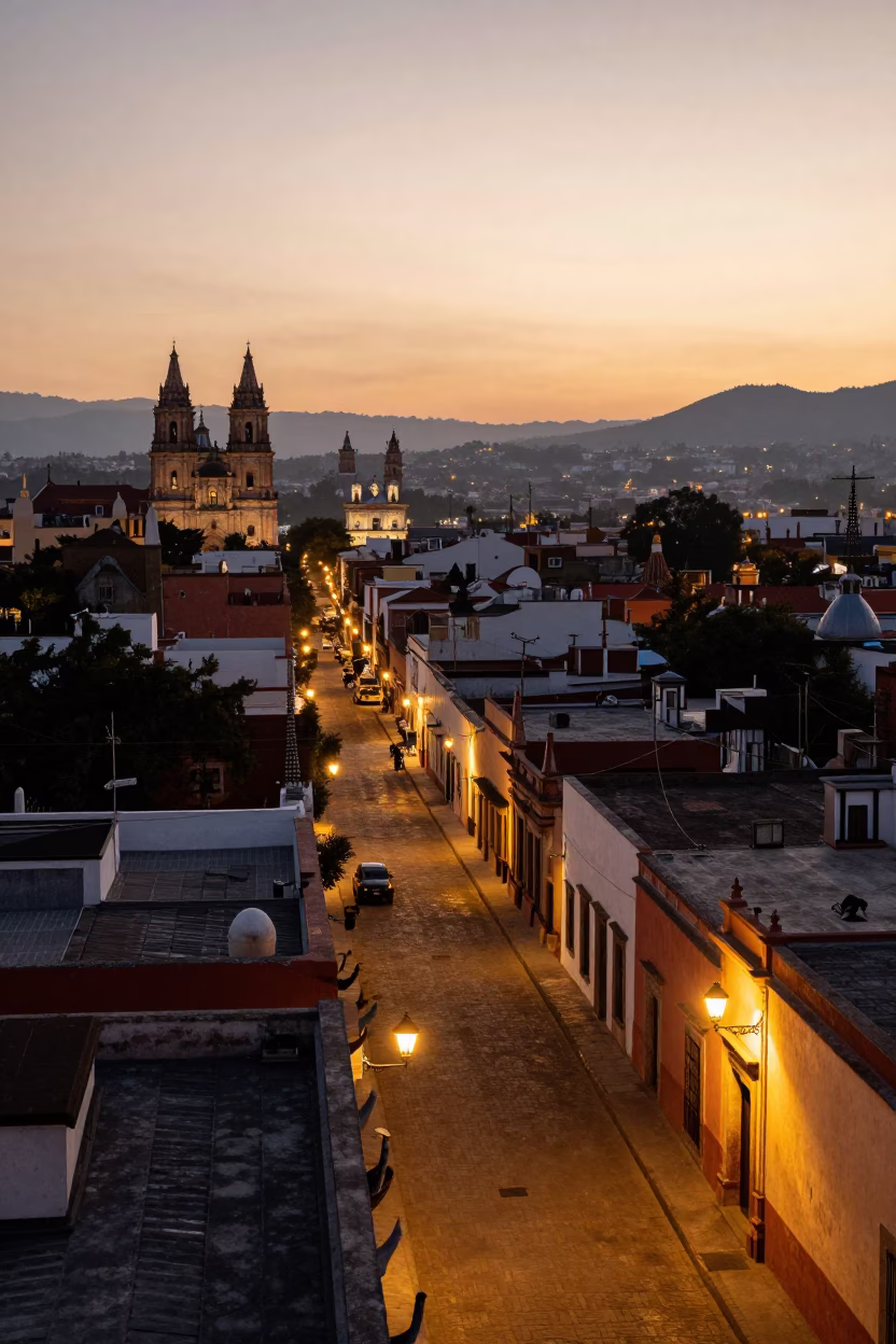 Dawn Light Over Oaxaca City Rooftops and Pre-Dawn Street Activity in in Oaxaca, Mexico