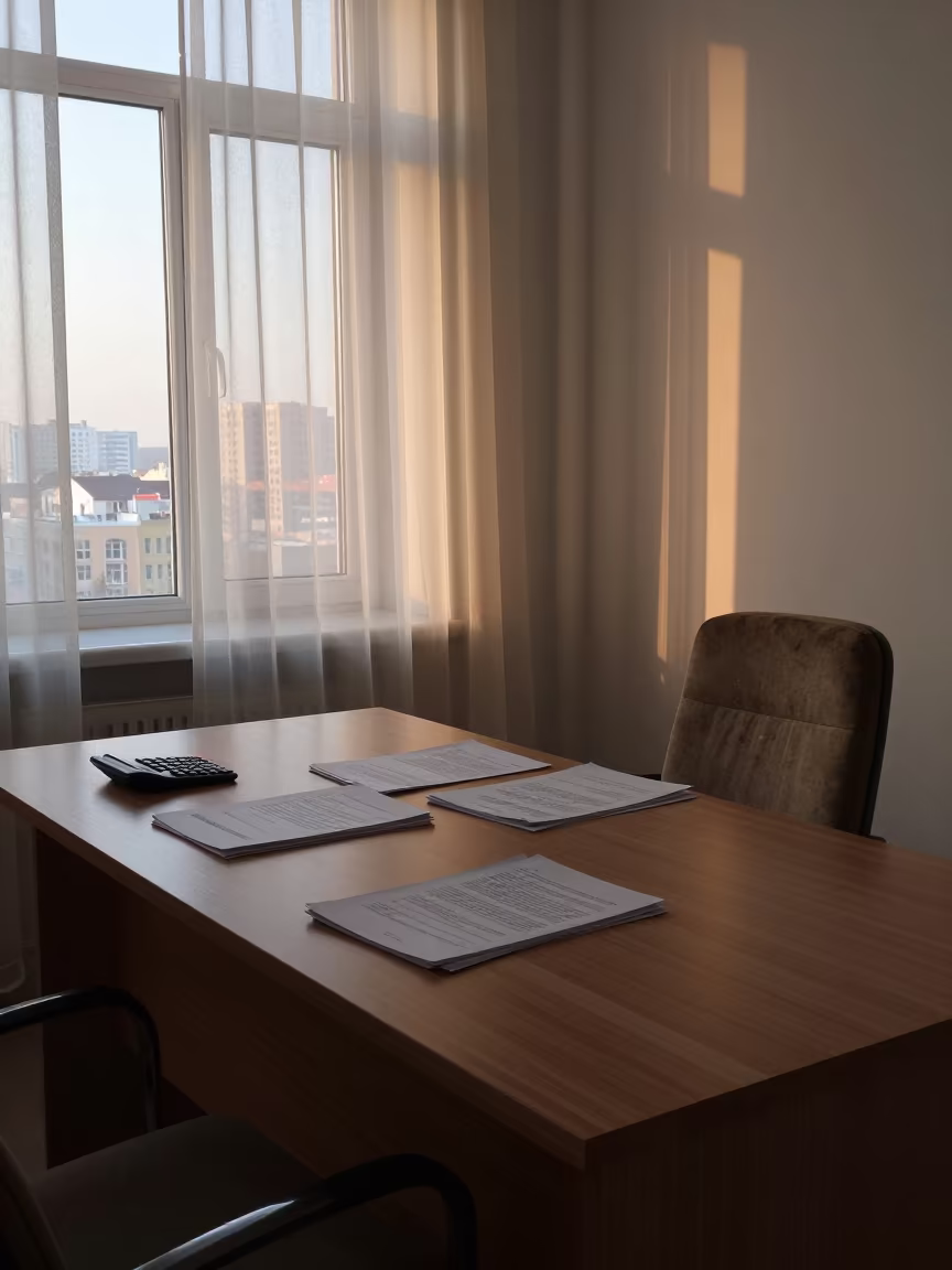 Dawn Light Over Olmaliq Desk in inside a conference room near Olmaliq