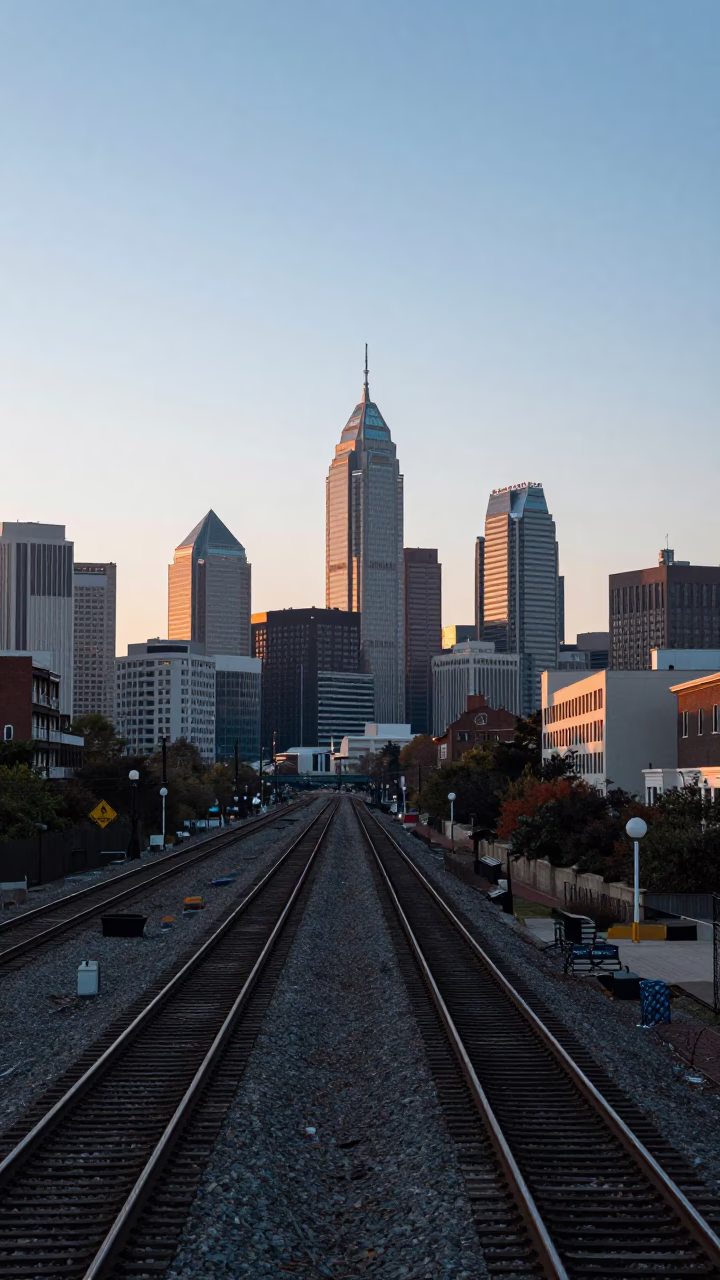 Dawn light over Philadelphia Pennsylvania skyline and railway tracks at first light in in Philadelphia, Pennsylvania, United States