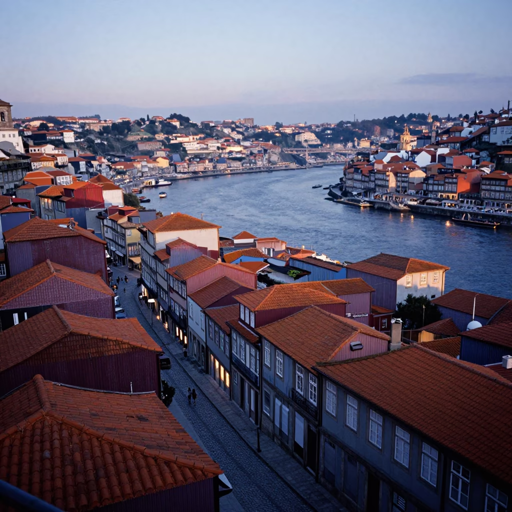 Dawn Light Over Porto Portugal Historic District and River Douro in in Porto, Portugal