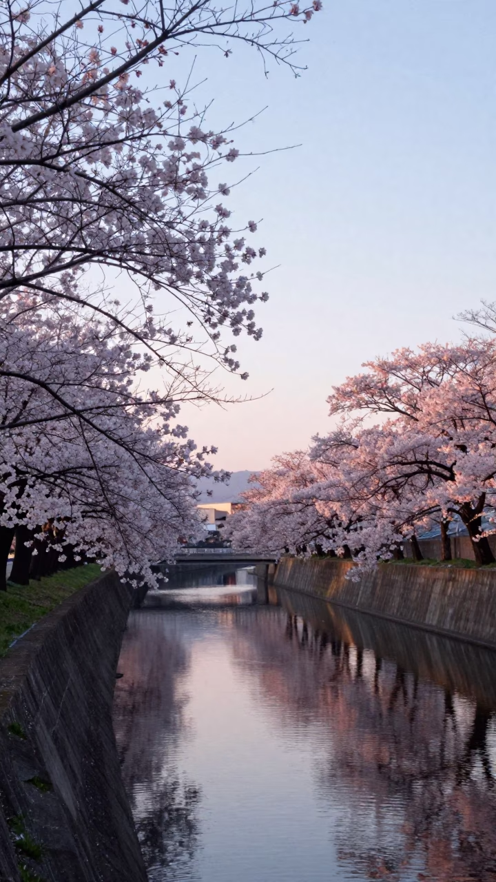 Dawn light over Sapporo canal with cherry trees and bridge pier in still water in in Sapporo, Japan