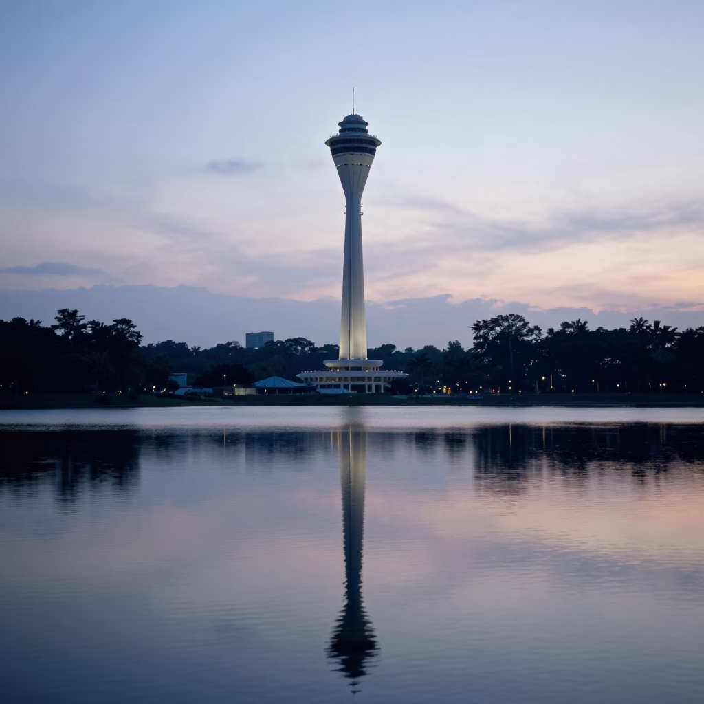 Dawn Light Over Singapore Reservoir Intake Tower Mirrored in Still Water in in Singapore, Singapore