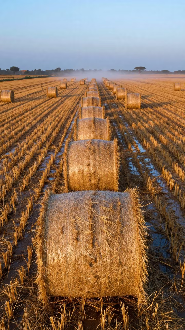 Dawn Light Over Sudan Hay Bales in beside stacked hay bales in Sudan