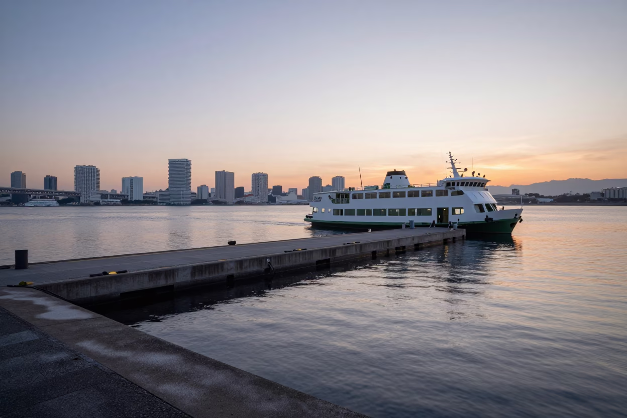 Dawn Light Over Tokyo Bay Ferry Dock with Condensation on Window Glass in in Tokyo, Japan