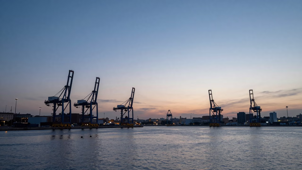 Dawn Light Over Valencia Port Cranes and Harbor Water in in Valencia, Spain