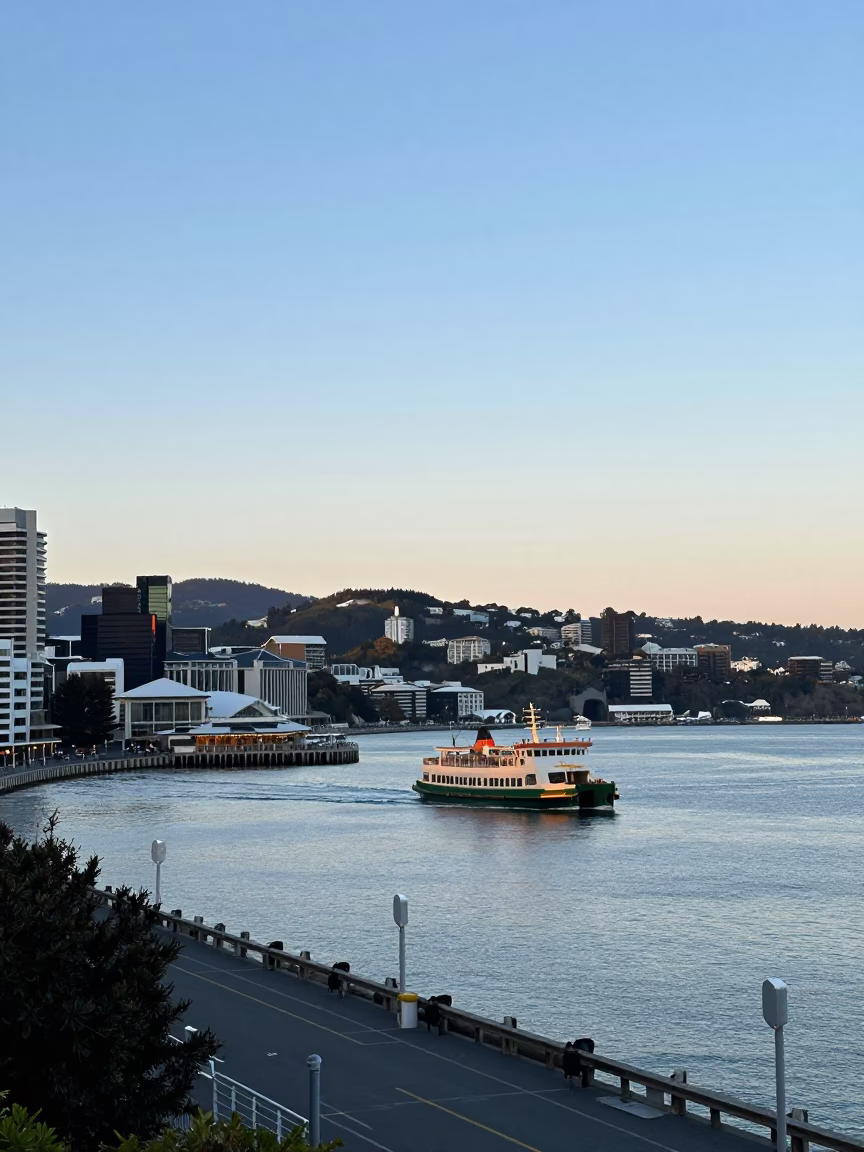 Dawn Light Over Wellington Harbour With Ferry And City Skyline in in Wellington, New Zealand