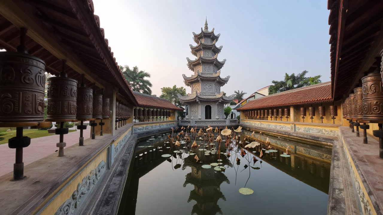Dawn Light on Pagoda Reflection in Lotus Pond in beside a prayer wheel corridor in Haiphong