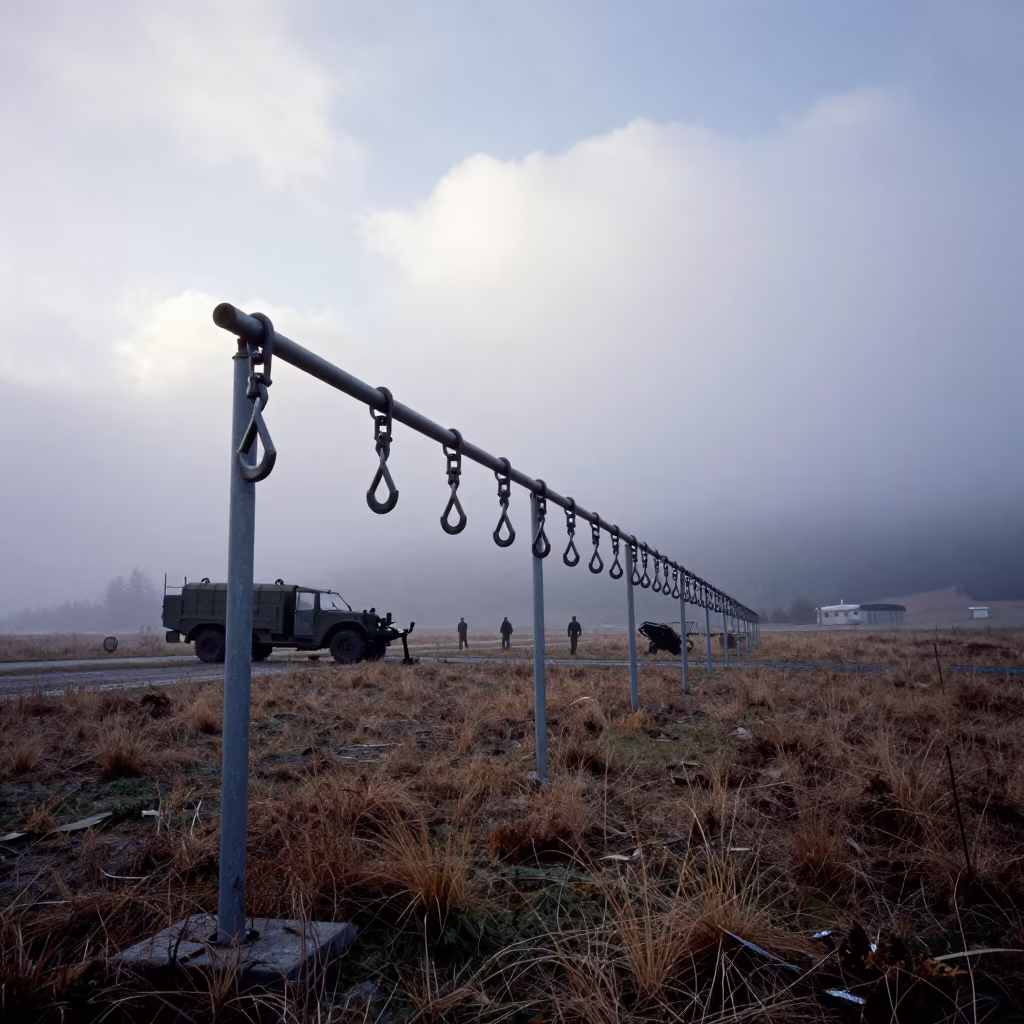 Dawn light on parachute hook rail at Austrian checkpoint in at a checkpoint lane in Austria