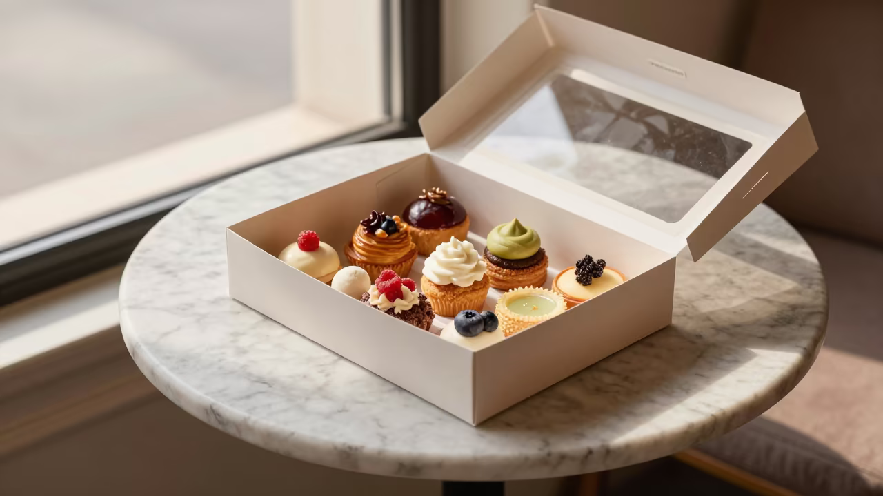 Dawn Light on Petit Fours in Damanhur Pastry Box in on a marble cafe table in Damanhur