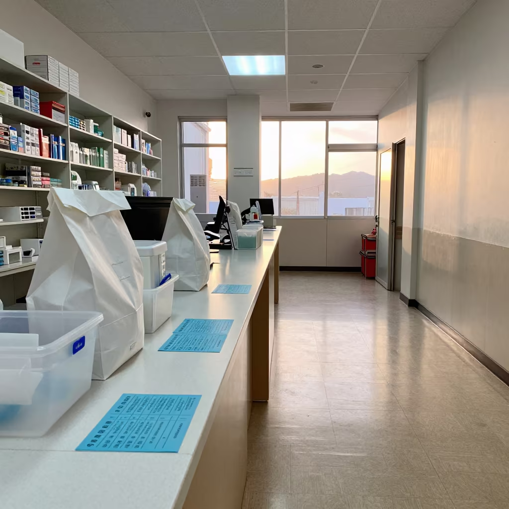 Dawn Light on Pharmacy Counter with Will-Call Bins in inside a clinic exam room in San Francisco de Campeche