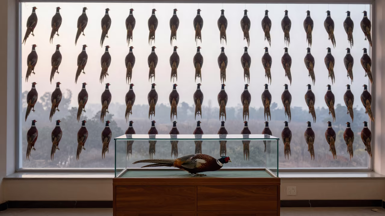 Dawn light pheasant display case Bhiwani in on a hotel dresser in Bhiwani