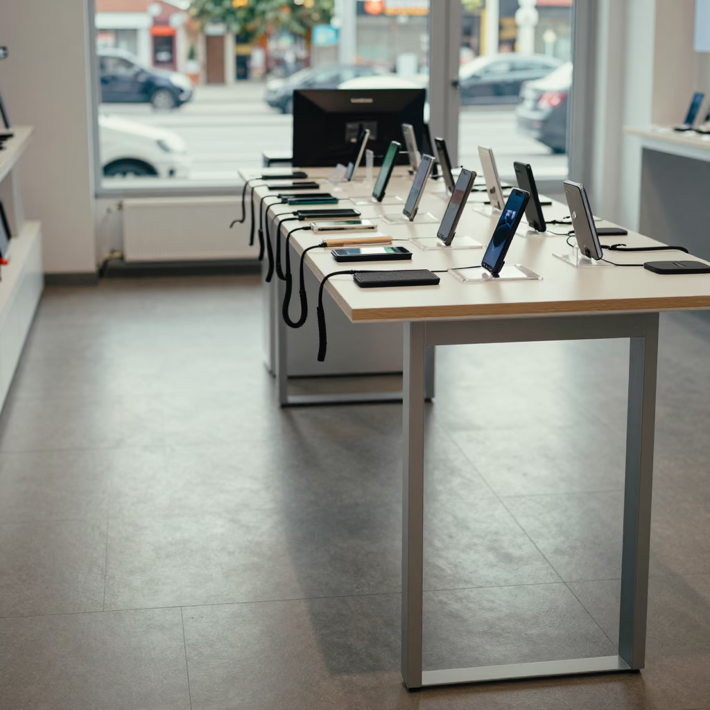 Dawn Light on Phone Demo Table Nowa Huta in at a checkout lane under flat store light in Nowa Huta, Krakow