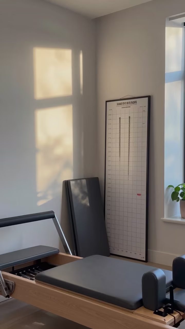 Dawn Light on Pilates Reformer Equipment in inside a reformer studio with straps laid straight near Vancouver