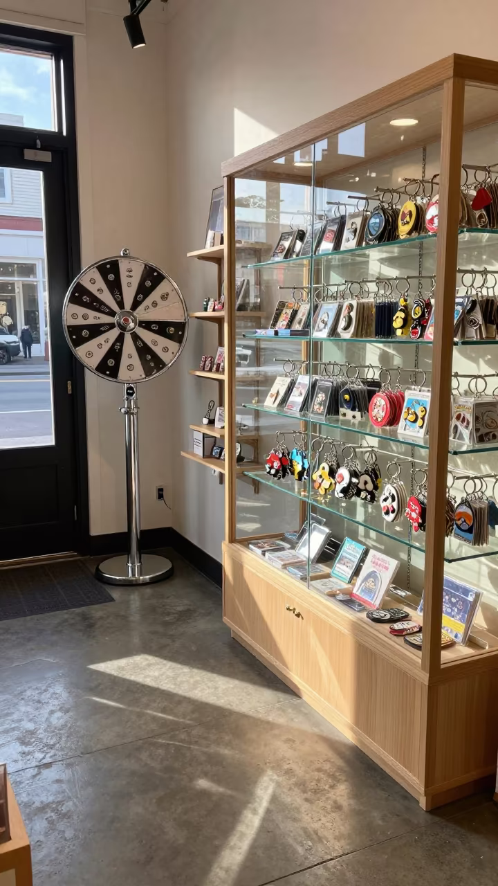 Dawn light on postcard spinner and retail display case in inside a storefront prepared for opening in Nob Hill, Portland