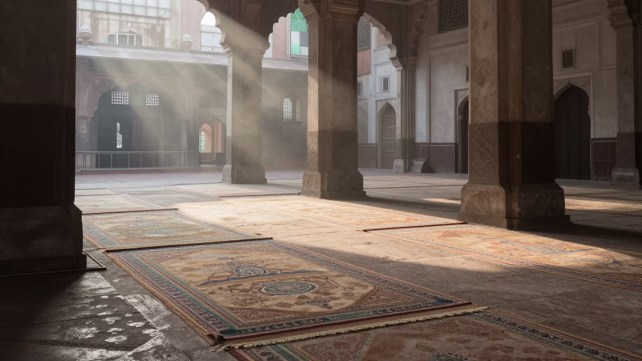Dawn Light on Prayer Rug in Hyderabad Mosque in in a mosque prayer hall in Hyderabad