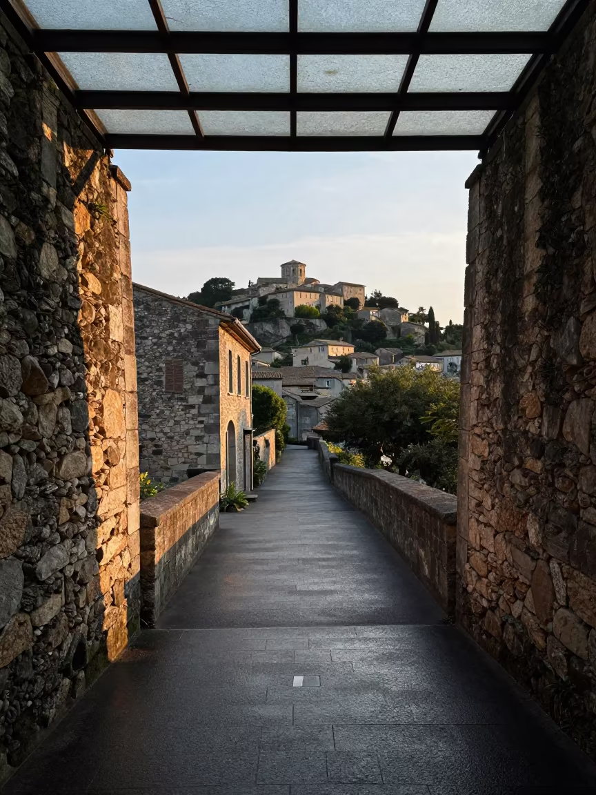 Dawn Light on Provence Hilltop Village in inside a glass-roofed arcade in Tokyo