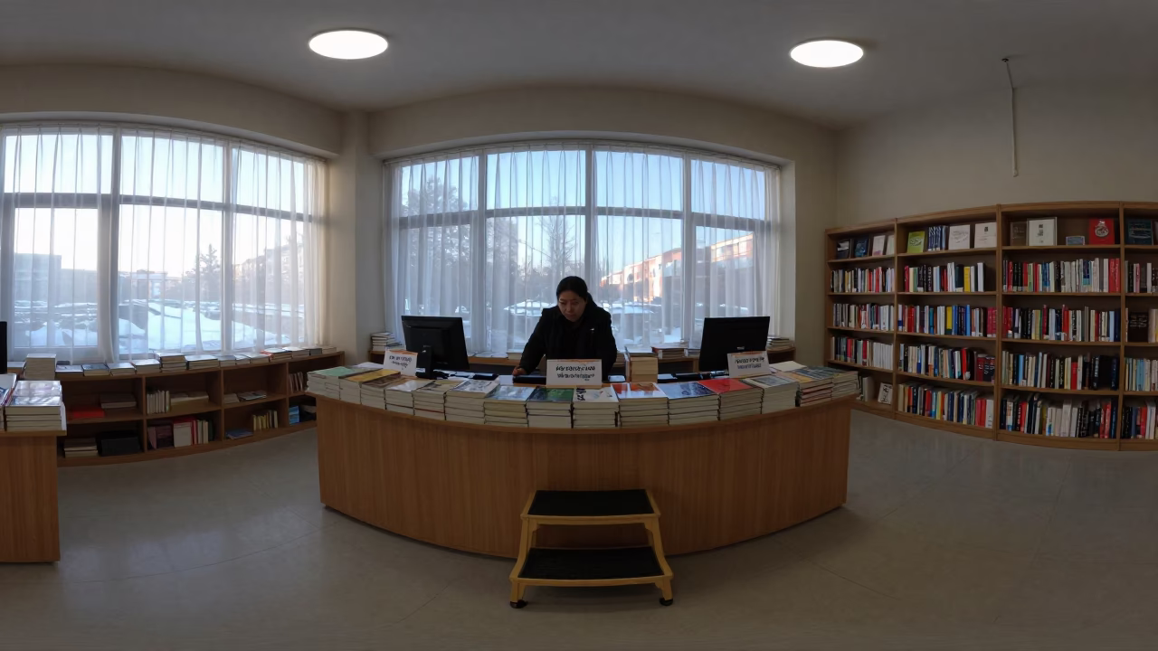 Dawn light on Pyongyang bookstore table in at a checkout lane under flat store light in Pyongyang