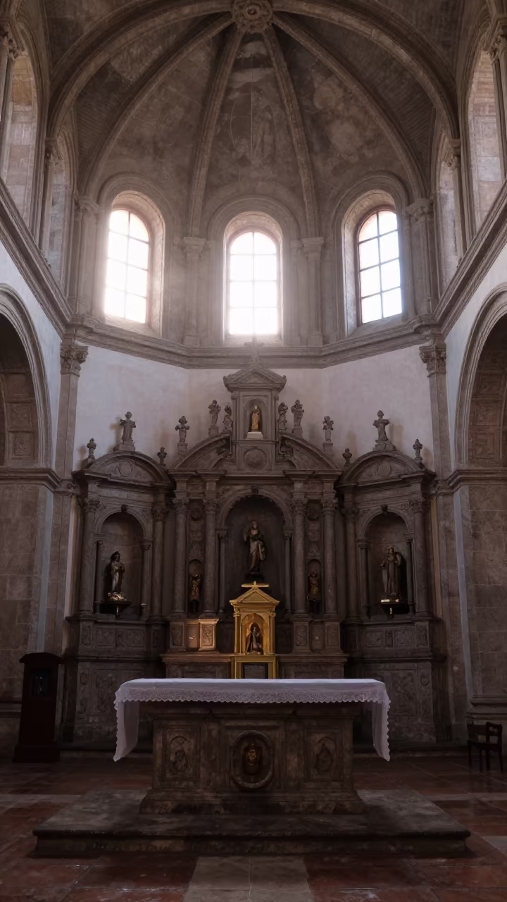 Dawn Light in Quetzaltenango Cathedral Ambulatory in at the foot of a stone altar in Quetzaltenango