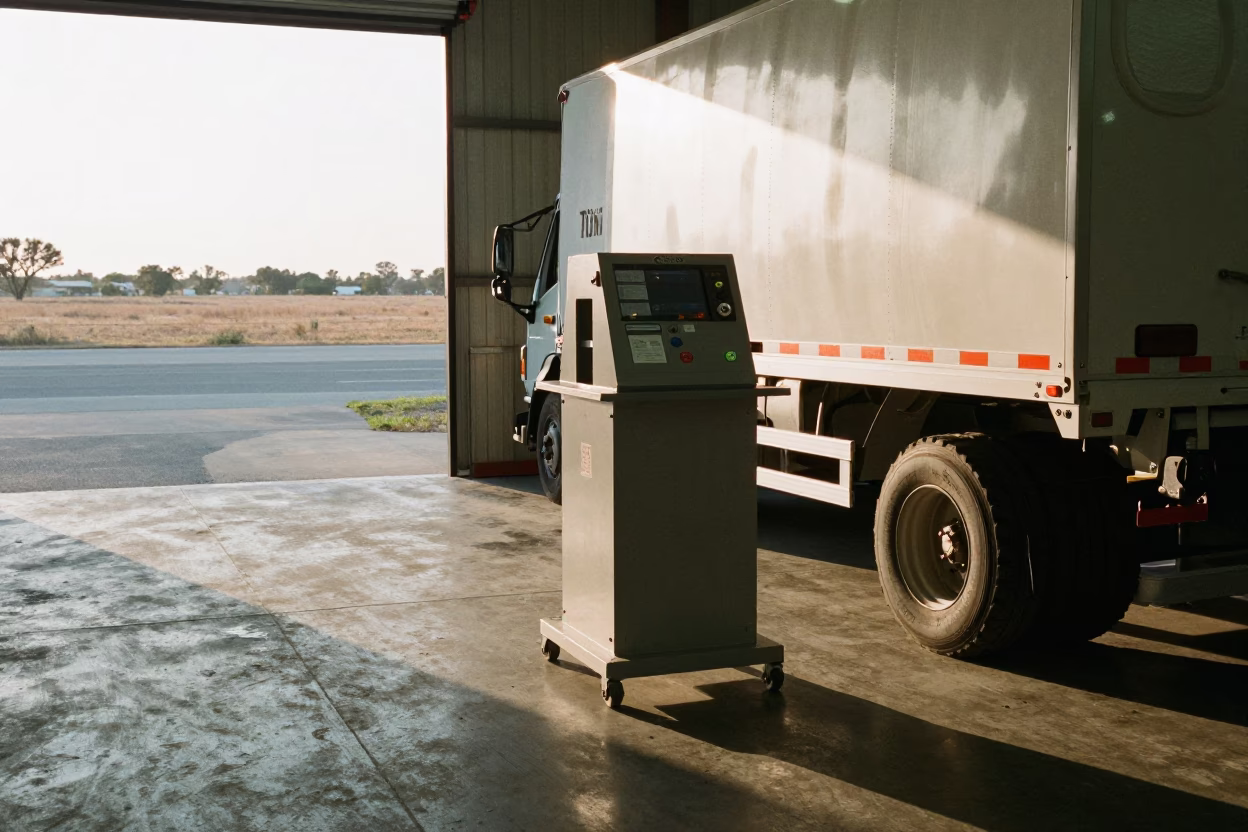 Dawn Light on Reefer Test Stand Tuni in inside a warehouse aisle near Tuni