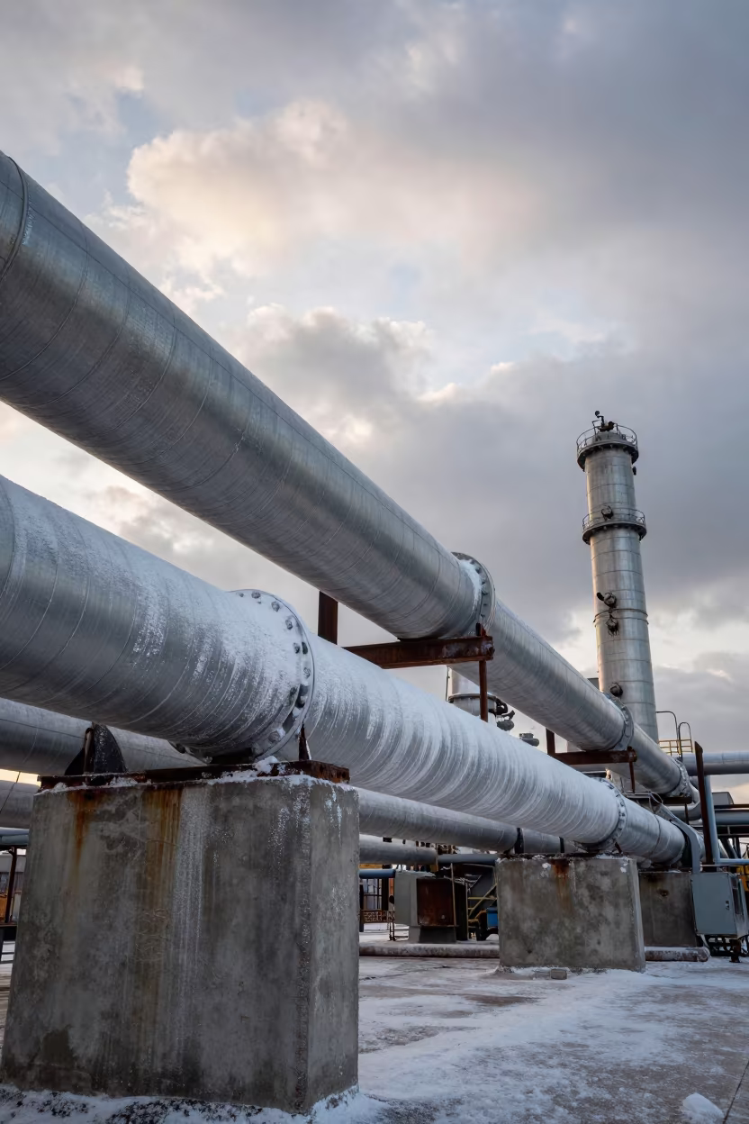 Dawn light on refinery pipes in across an active works site near Istanbul