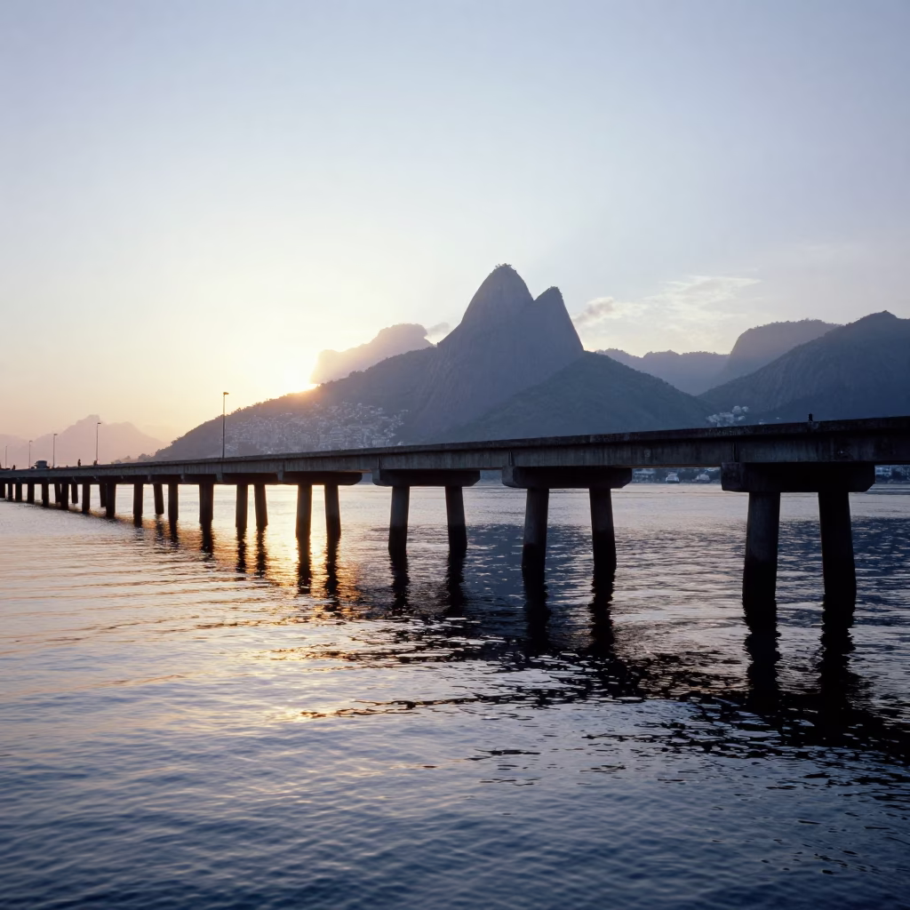 Dawn Light Reflecting Off Bridge Pier in Rio de Janeiro Brazil Harbor in in Rio de Janeiro, Brazil