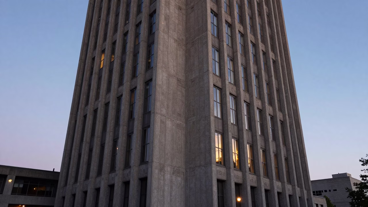 Dawn light reflecting on brutalist concrete university tower in Montreal Quebec Canada in in Montreal, Quebec, Canada