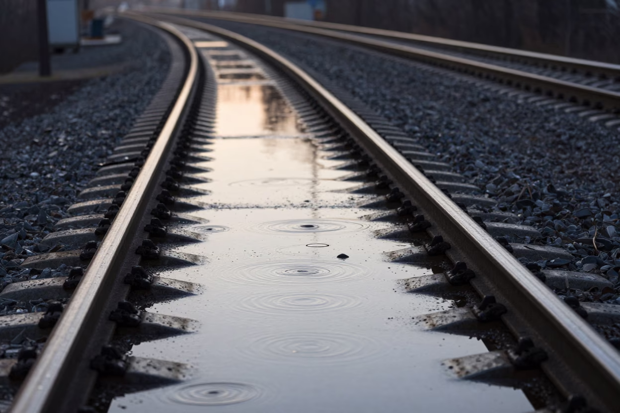 Dawn Light Reflecting on Wet Railway Tracks in Toronto Ontario in in Toronto, Ontario, Canada