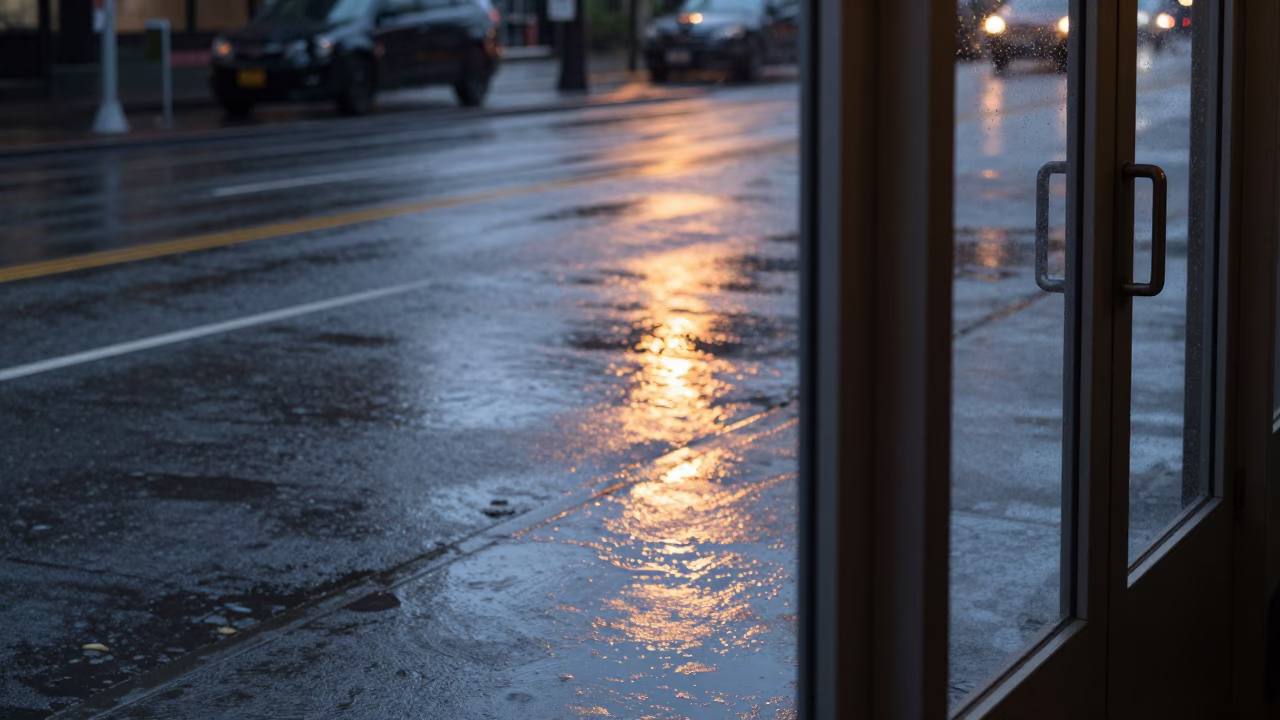 Dawn light reflecting on wet Seattle street with condensation on glass doorframe in in Seattle, Washington, United States