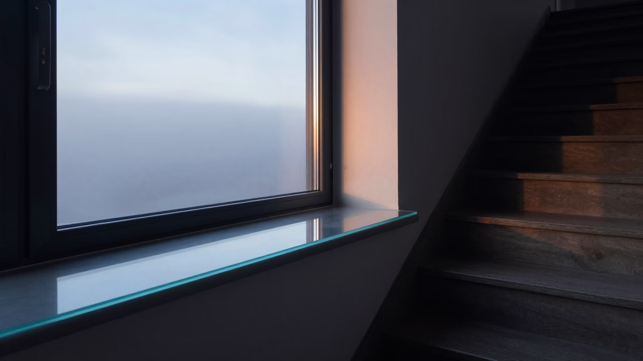 Dawn Light Reflections on Glass Sill and Stair Rail in Stockholm Sweden in in Stockholm, Sweden