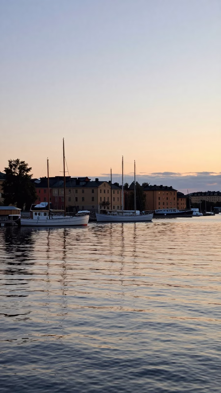 Dawn Light Reflections on Stockholm Waterfront with Traditional Boats and City Skyline in in Stockholm, Sweden