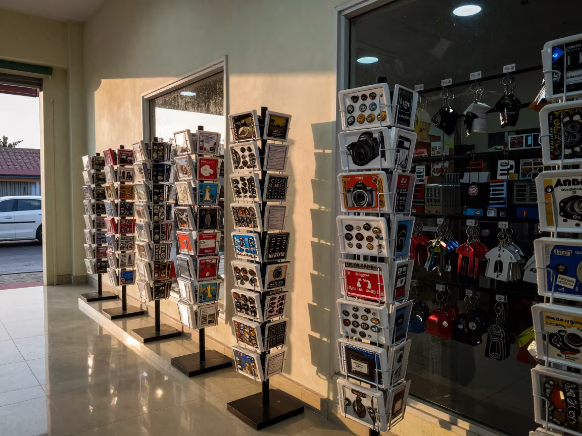 Dawn Light on Retail Postcards and Keychains in Umuahia in inside a storefront prepared for opening in Umuahia