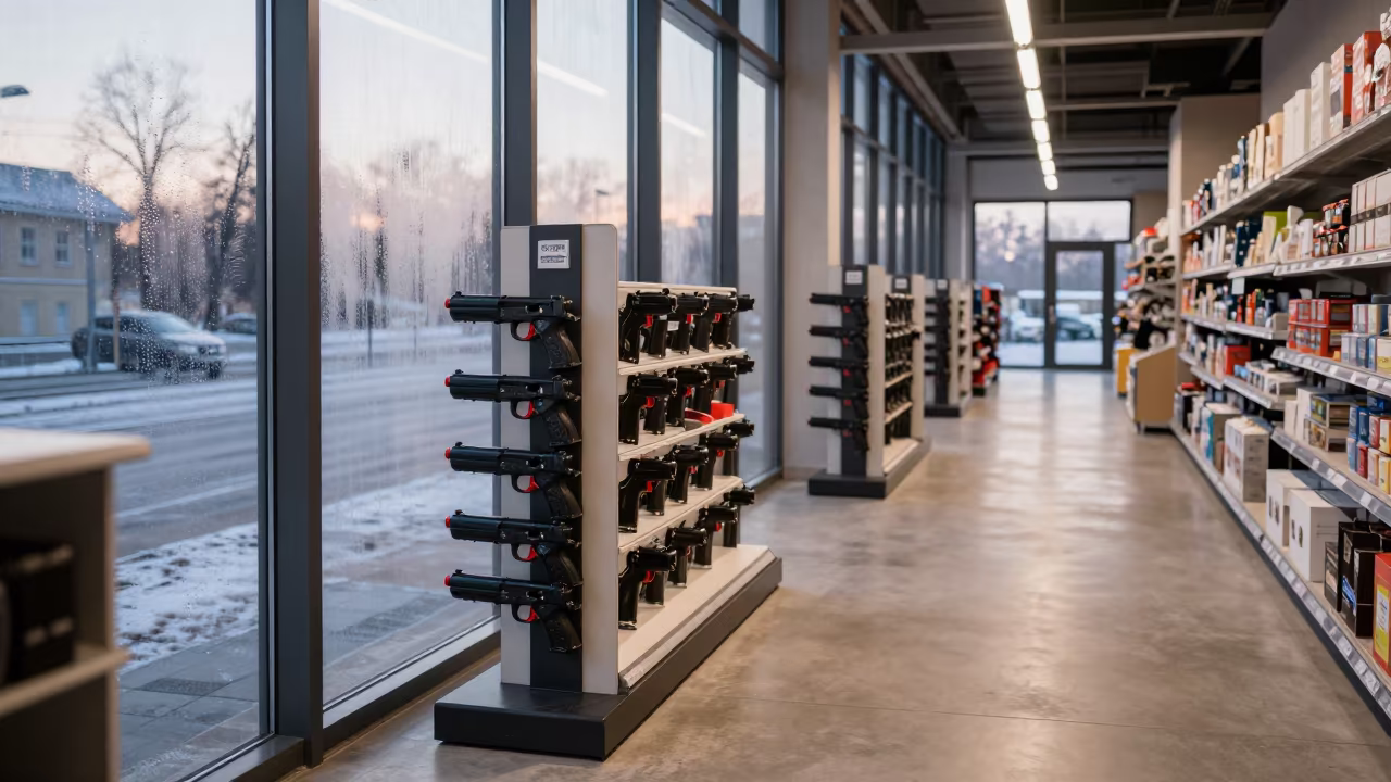 Dawn Light on Retail Price Gun Rack Lublin in along a front-of-store display run in Lublin