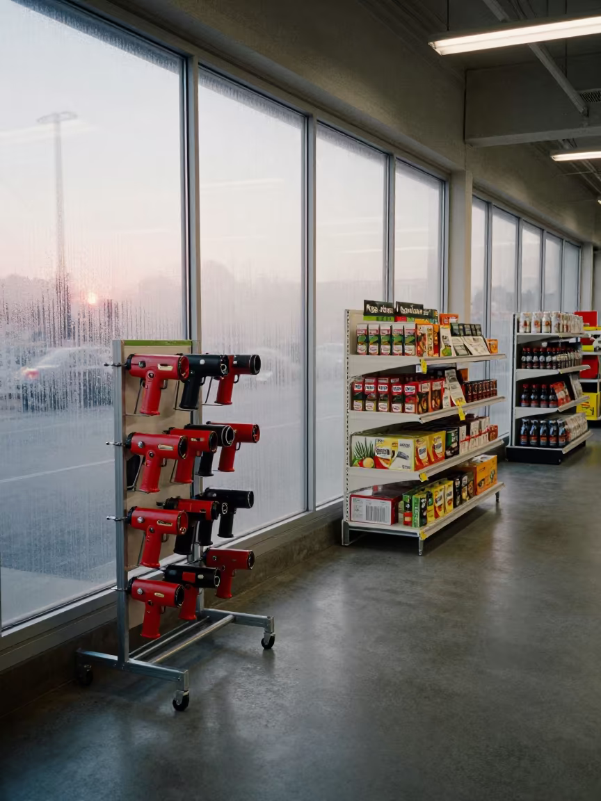 Dawn Light on Retail Price Gun Rack in beside a seasonal endcap near the sales floor near Kadoma