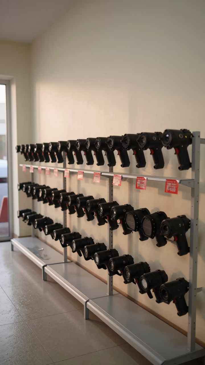 Dawn Light on Retail Price Guns in Nkongsamba in along a front-of-store display run in Nkongsamba