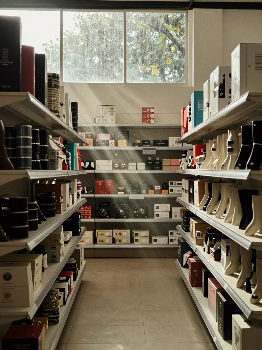 Dawn Light on Retail Shelf with Dust in beside a seasonal endcap near the sales floor in Séguéla