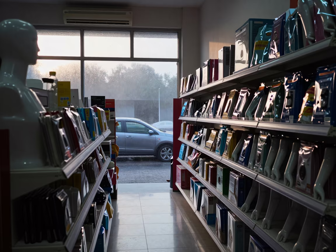 Dawn Light on Retail Shelf in Lichinga in along a front-of-store display run in Lichinga
