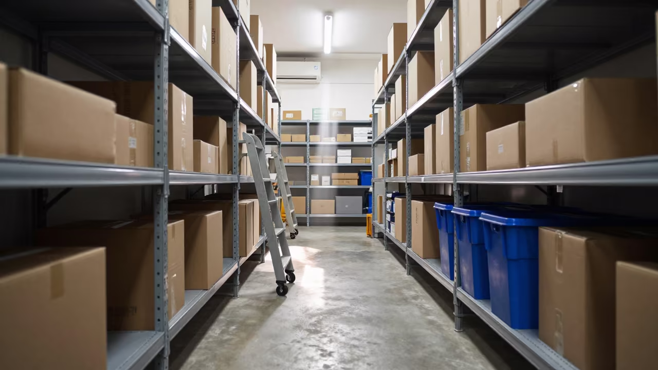 Dawn Light on Retail Stockroom Shelves Manaus in inside a store aisle lined with shelf tags in Manaus